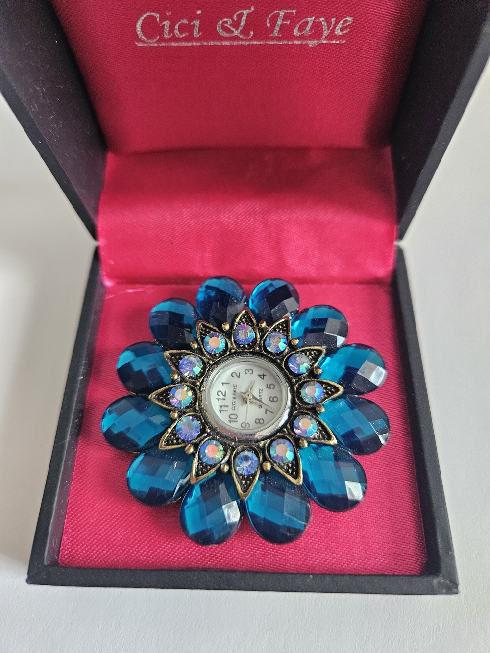 Teal Crystal Flower Watch Ring